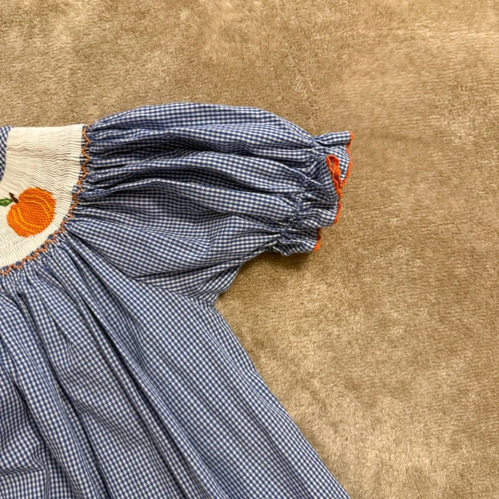 Southern Smocked Company Girls Blue Gingham Pumpkin Smocked Dress Size 5 Fall